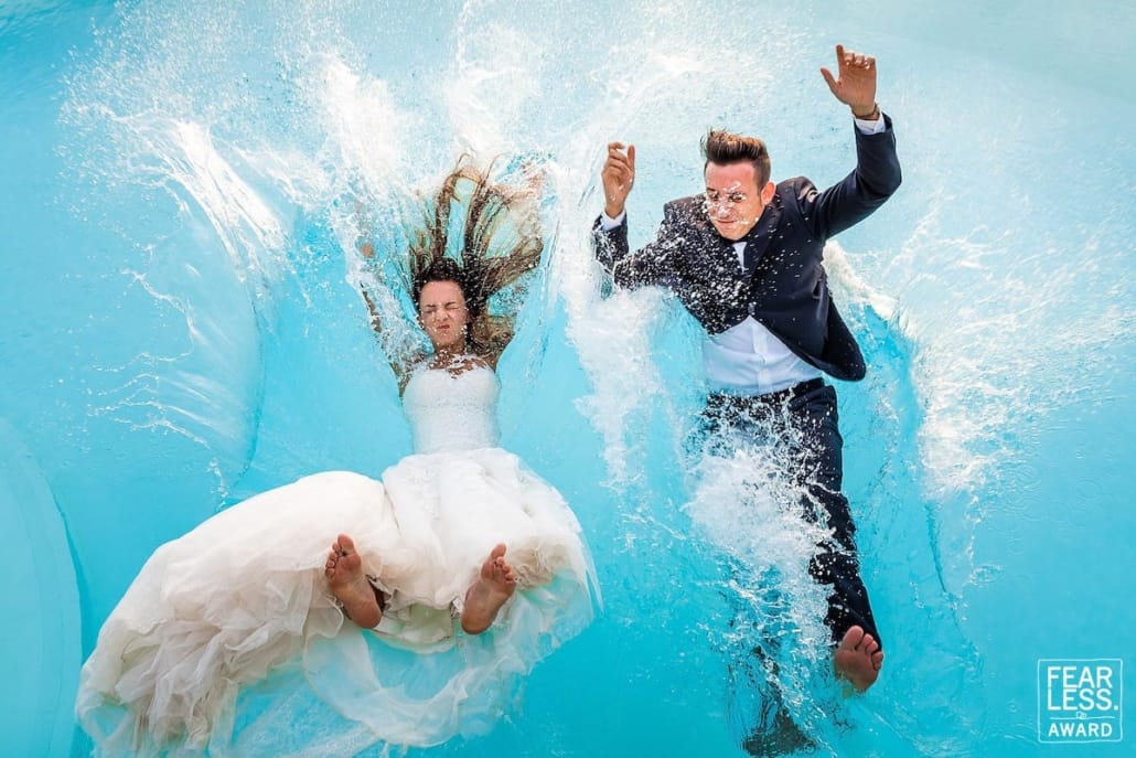 Fearless Award - Collection 62 - Paolo Blocar - Trash the Dress - Bride and Groom Splash Pool